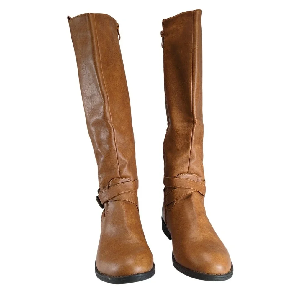 Vepose Camel Quilted Riding Boots Womens 8 Knee-High Side Zip Buckle Low Heel